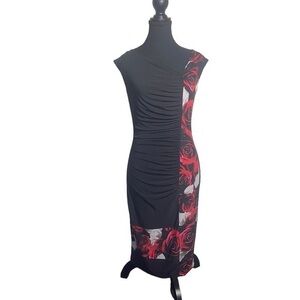 Joseph Ribkoff Black Ruched Midi Dress Red Roses Women’s 4